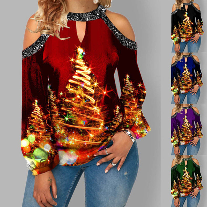 Hanging Neck Button Long Sleeve Hollow Christmas Women's T-shirt
